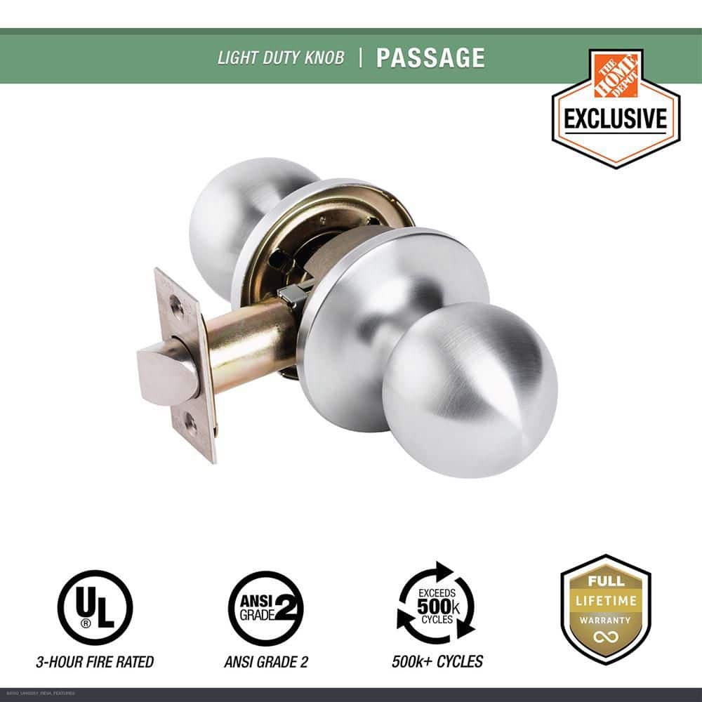 Universal Hardware Light Duty Commercial Passage (Hall/Closet) Knob, UL 3-Hour Fire ANSI Grade 2, Satin Chrome Finish