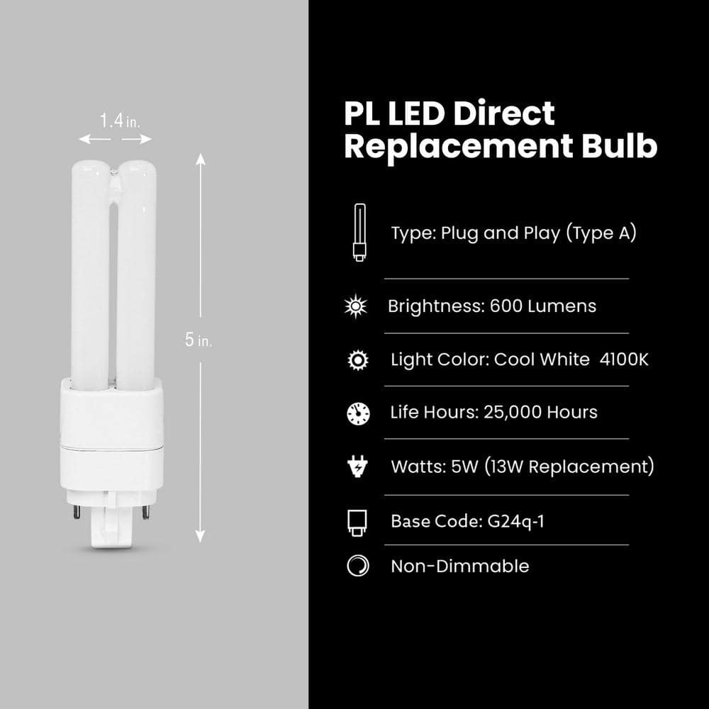Feit Electric 13-Watt Equivalent PL Quad Tube CFLNI 4-Pin Plugin G24Q-1 Base CFL Replacement LED Light Bulb, Cool White 4100K (1-Pack) (4)