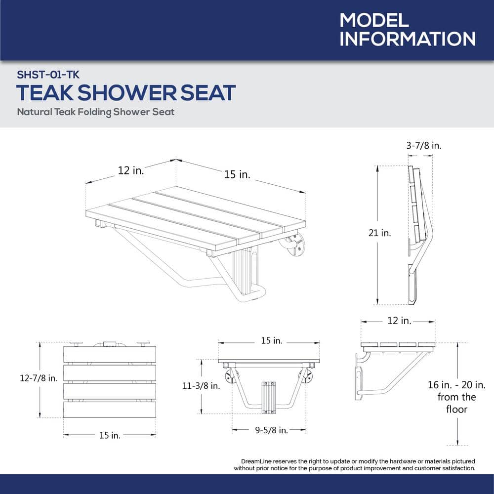 DreamLine 12-7/8 in. x 15 in. Natural Teak Wood Folding Shower Seat in Chrome (3)