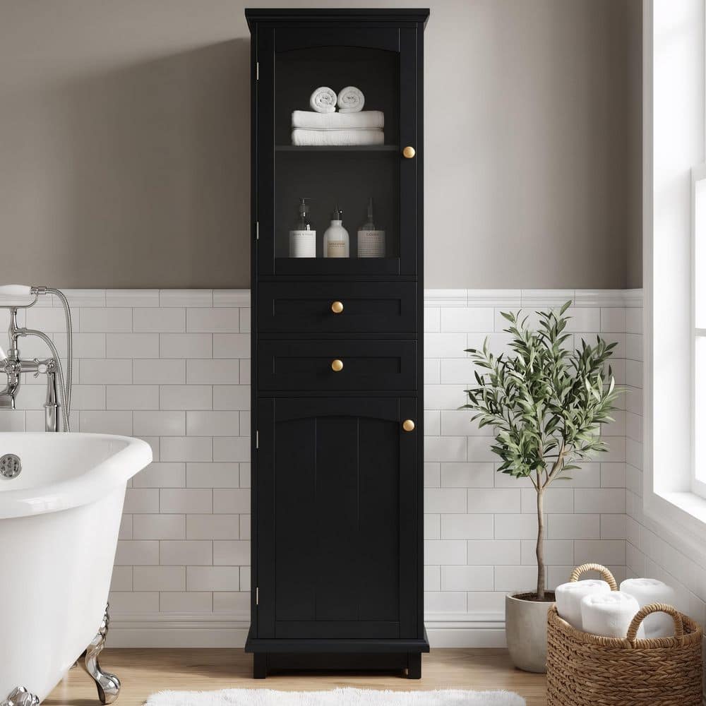 Ximuprmy 18 in. W x 14 in. D x 63 in. H Black Freestanding Linen Cabinet,Tall Bathroom Storage Cabinet with Doors and Drawers