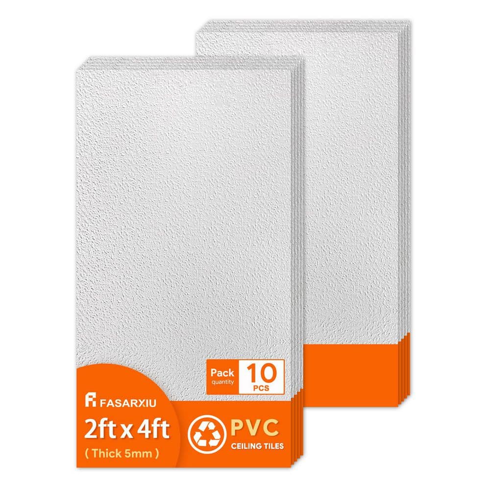 Fasarxiu 2 x 4 ft. Textured Pro White High-Grade PVC Drop Ceiling Tile, Waterproof, Washable and Fire-Rated (80 sq. ft./Case)