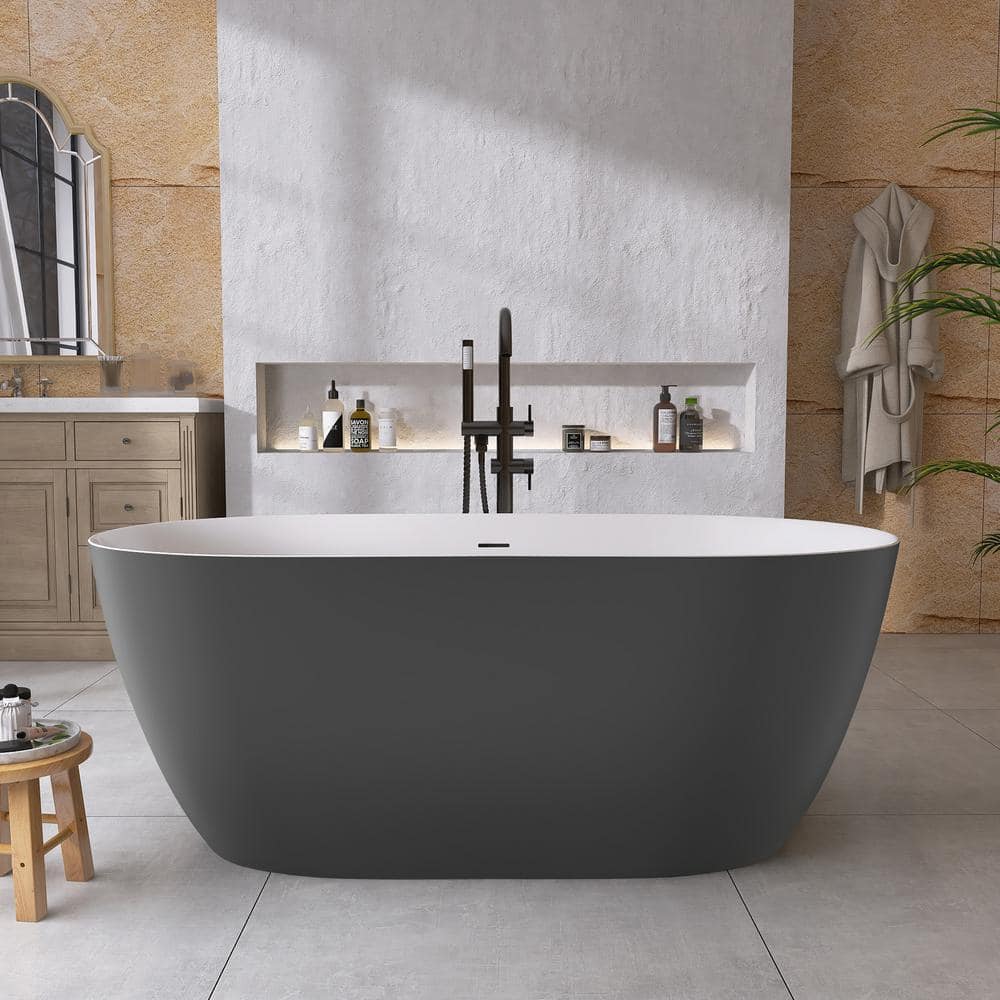 NTQ 59 in. x 30 in. Free Standing Tub Oval Freestanding Soaking Bathtubs Flatbottom Stand Alone Soaker Tub in Matte Gray (1)