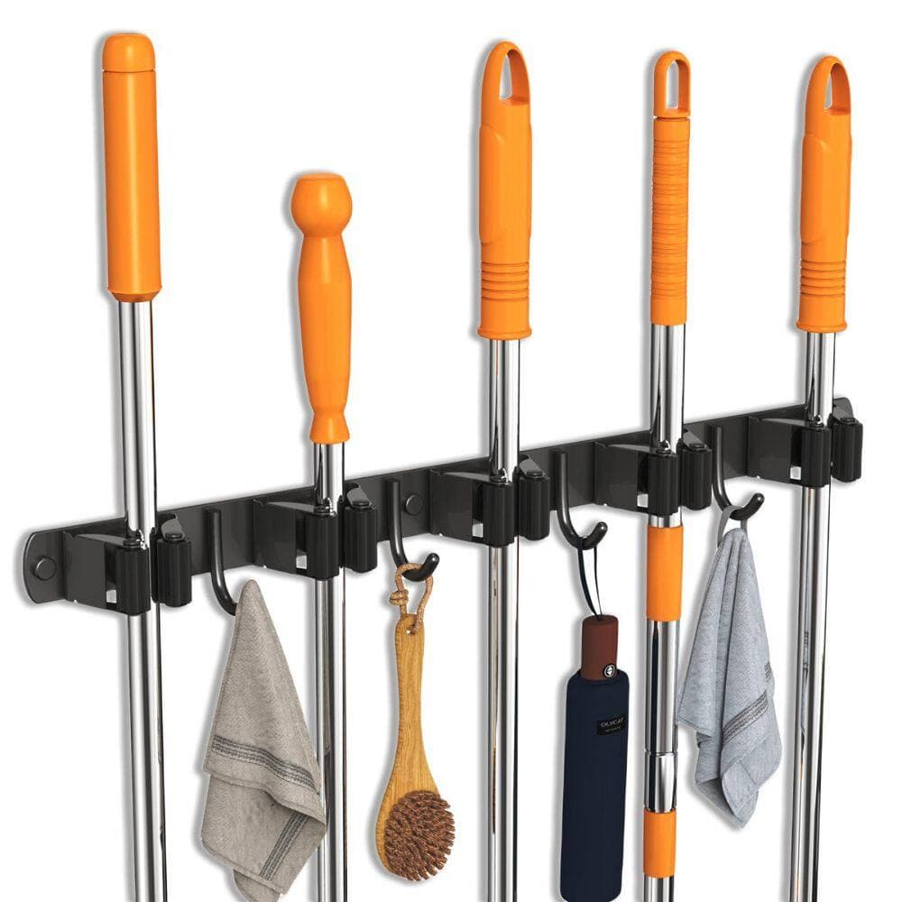 NVNOO 5-Racks and 4-Hooks Wall Mount Mop and Broom Holder for Kitchen Garden Room Wall Decor and Storage, Black (2)
