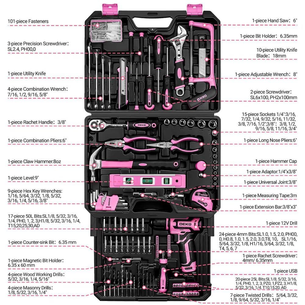 Laybus 238-Piece Pink Tool Kit Box Drill Set, Home Mechanic Toolbox with 12V Power Cordless Drill, Hand Repair Tools Sets (2)