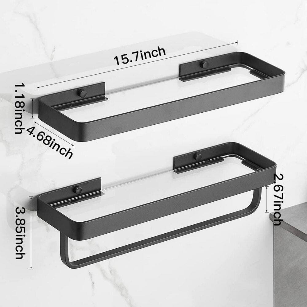 Wudkey 2-Piece 15.7 in. W x 1.18 in. H x 4.68 in. D Wall Mounted Aluminium and Glass Rectangular Bathroom Shelves in Black (2)