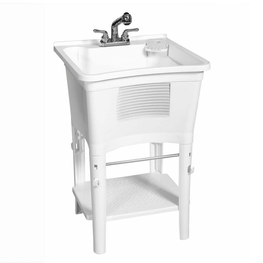 Zenna Home Freestanding 24 x 24 in. Utility Sink in White, Complete Laundry Work Center with Non-Metallic Pull-Out Faucet in Chrome
