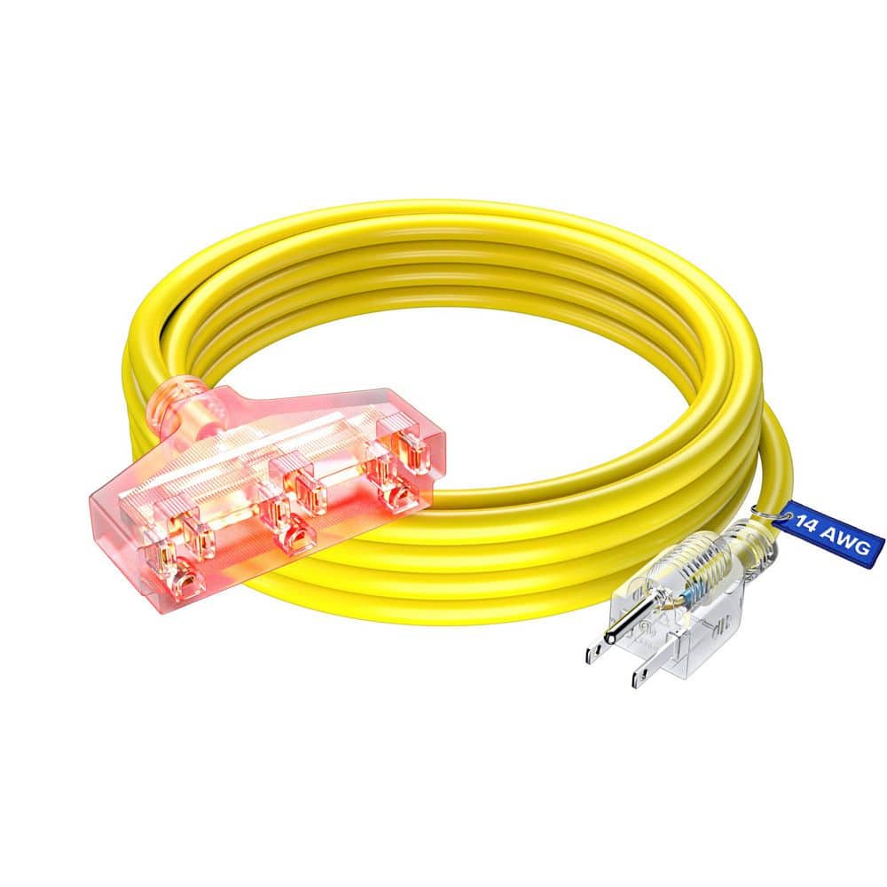 MAXIMM 15 ft. 14 / 3 Medium / Heavy Duty Indoor T-Shaped Extension Cord 3-Outlet with Light 15 Amps Yellow (1)