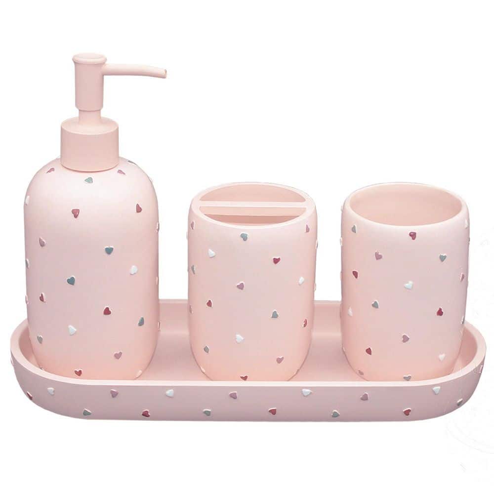 Wudkey 4-Piece Bath Accessory Set, Premium Pastel Heart Bathroom Accessory Complete Set in Pink (1)