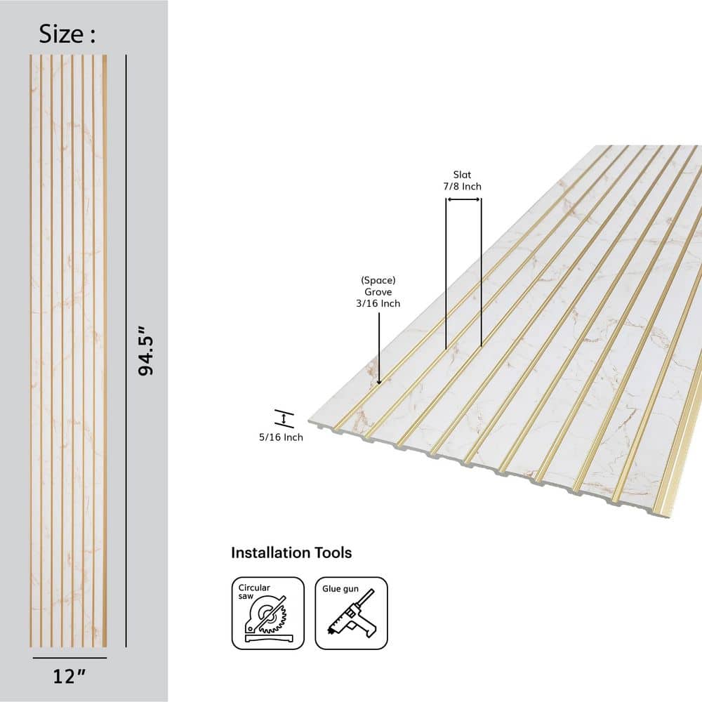 FROM PLAIN TO BEAUTIFUL IN HOURS Large Slats 5/16 in. 1 ft. 7.88 ft. Gold Glue-Up Foam Wood Slat Walls /78.8 sq. (3)