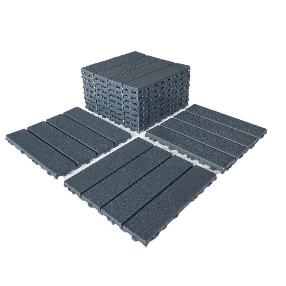 Tidoin 1 ft. x 1 ft. 4-Slate Composite Deck Tile in Dark Gray for Outdoor Flooring All Weather Use (44 Per Box) (2)