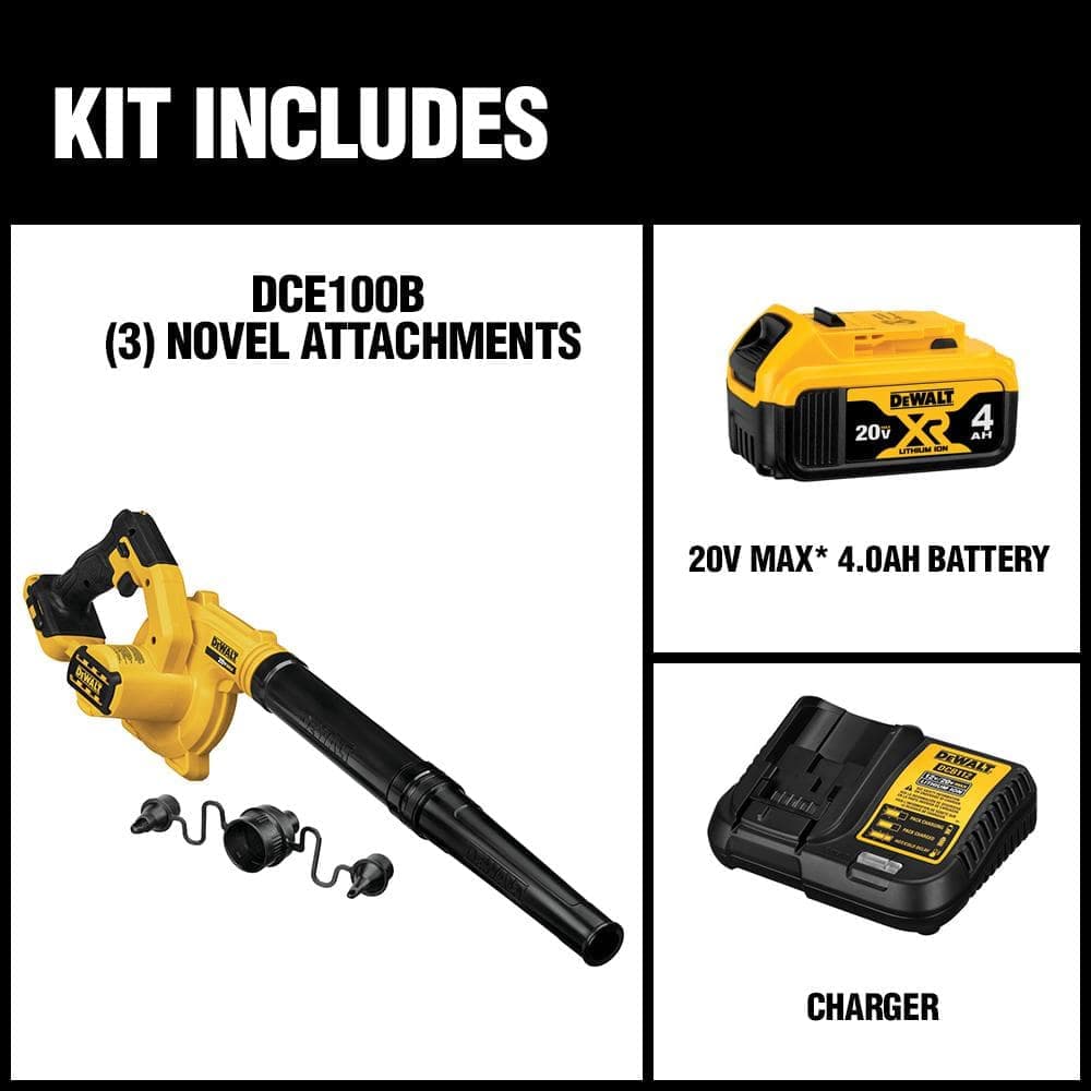 DEWALT 20V MAX Cordless Compact Jobsite Blower 135 MPH 100 CFM with (1) 20V 4.0Ah Battery and Charger (2)