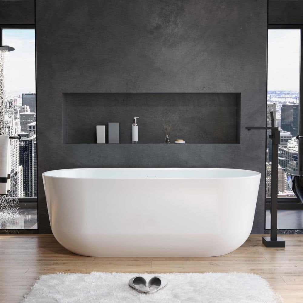 ANGELES HOME 67 in. x 30.3 in. Acrylic Freestanding Soaking Bathtub with Center Chrome Pop-Up Drain and Overflow in Glossy White (1)