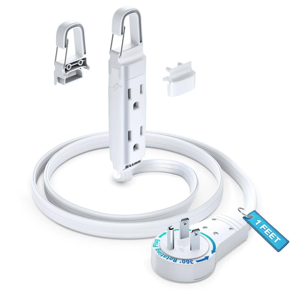 MAXIMM 1 ft. 16/3 Light Duty Indoor Extension Cord with 360° Rotating Flat Plug 3-Outlet with Hook, White (1)