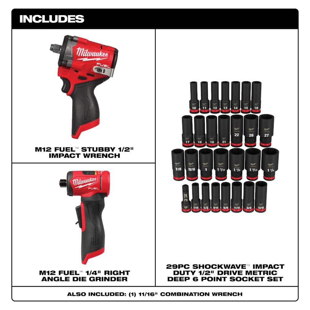 Milwaukee M12 FUEL 1/2 In. Stubby Impact Wrench with M12 FUEL Right Angle Die Grinder and 29Pc Impact Socket Set (2)