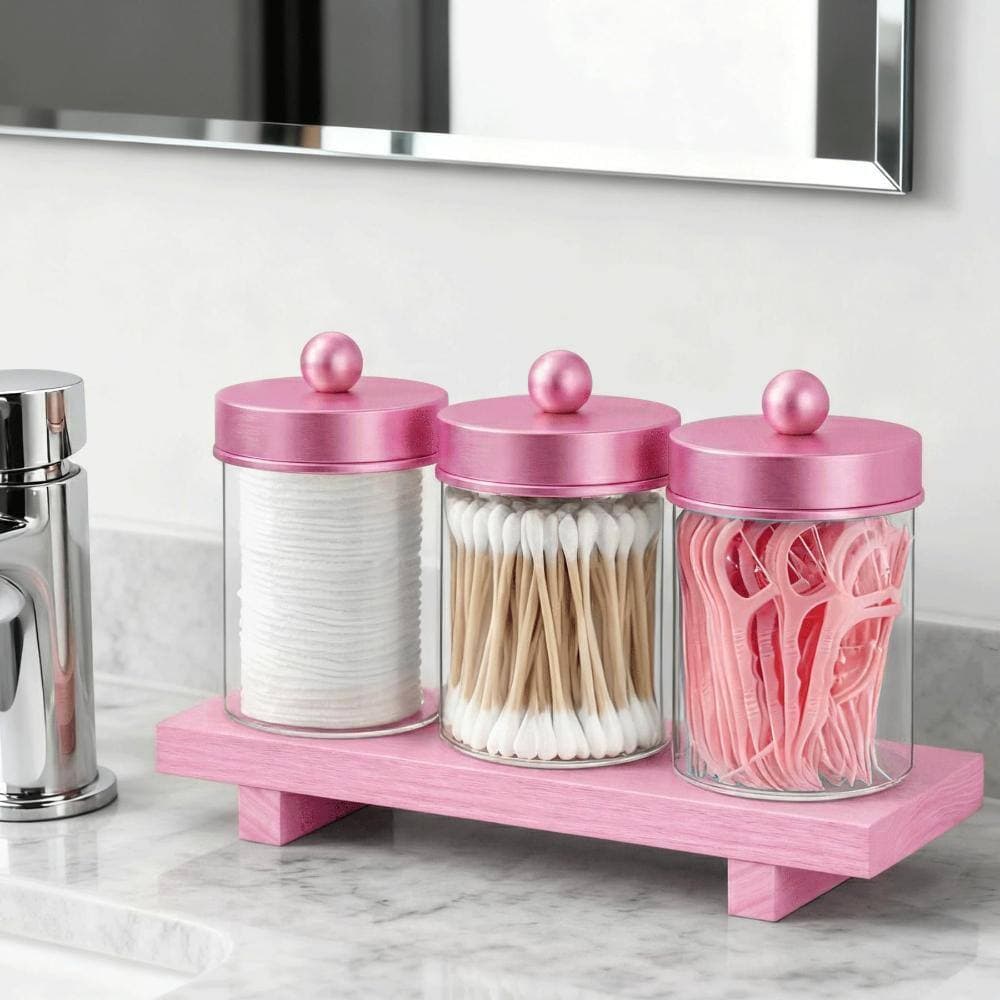 Unbranded Three Pink Qtip Holder Jars with Metal Lids and Wooden Tray, Vanity Storage for Bathroom Organization (3)