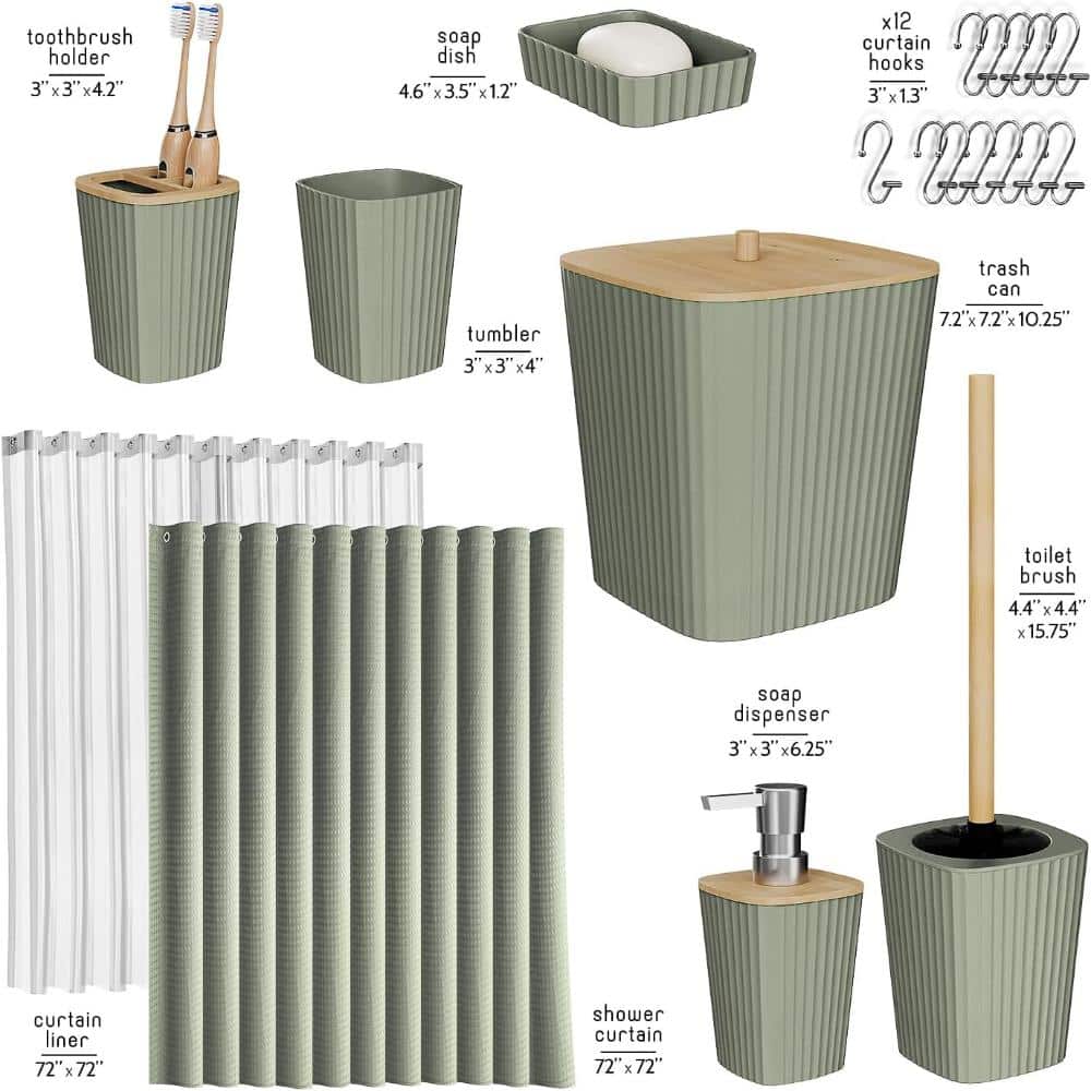 Whatseaso Bathroom Set, Bathroom Accessory Set, Shower Curtain Set, Toilet Brush, Trash Can & Soap Dispenser in Sage Green (2)
