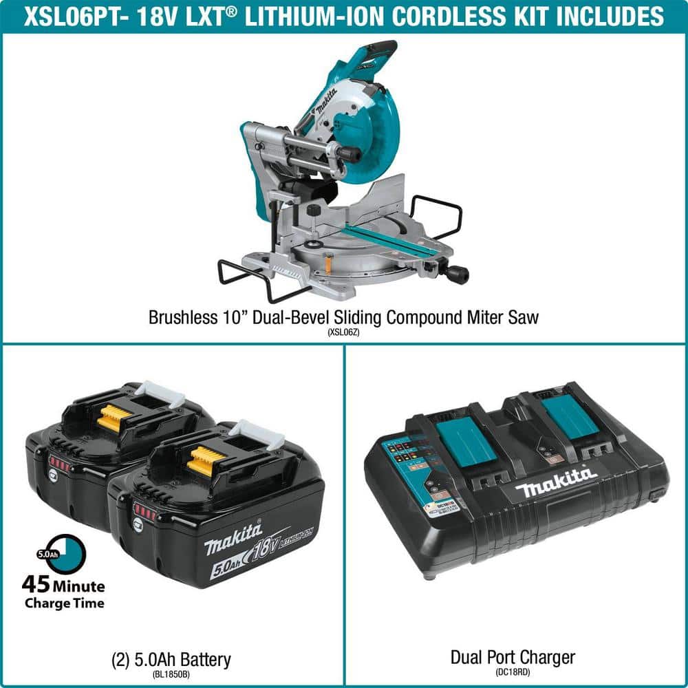Makita 18V 5.0Ah X2 LXT Lithium-Ion (36V) Brushless Cordless 10 in. Dual-Bevel Sliding Compound Miter Saw with Laser Kit (2)