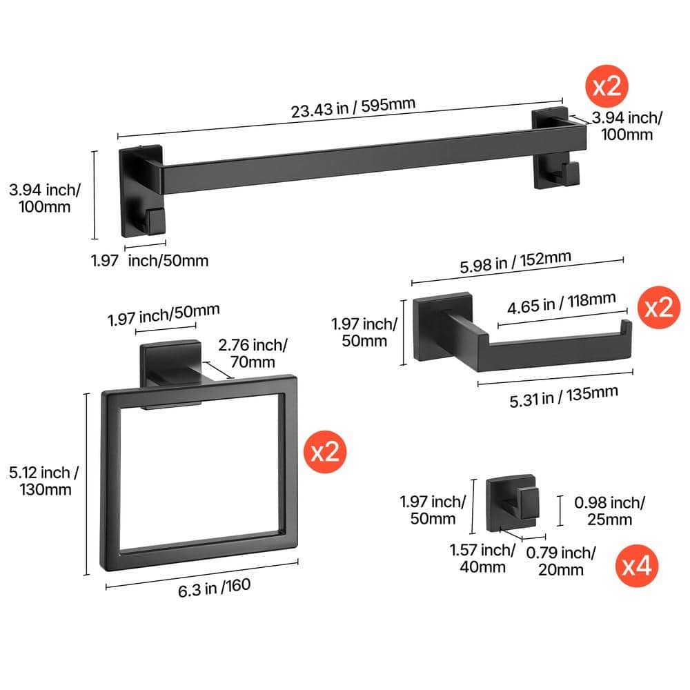 HONGGE Bathroom Hardware Set Piece Stainless Steel 24 in. Towel Bars Racks Hooks Toilet Paper 2 Bath (4)