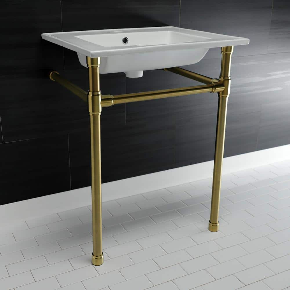 Kingston Brass Dreyfuss Ceramic White Console Sink Basin and Leg Combo in Brushed Brass (3)