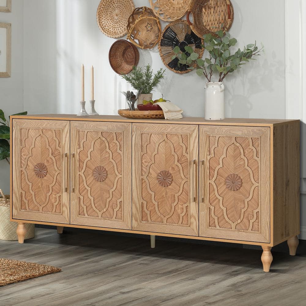 COWLOWN 62.99 in. W x 15.75 in. D x 32.00 in. H Natural Brown Linen Cabinet with 4 Doors and Metal Handle (3)