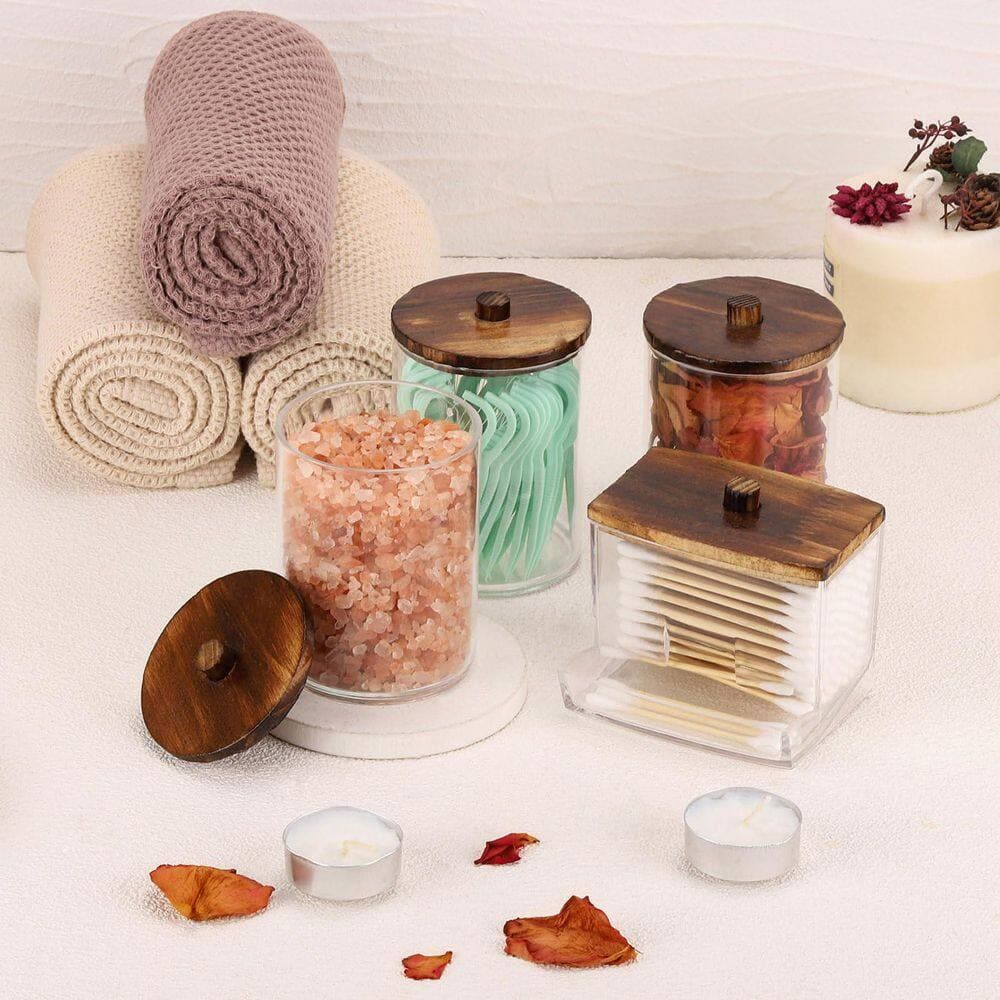 Numhew 4-Pack Bathroom Storage Jars with Bamboo Lids in Brown for Bathroom Qtip Cotton Ball Swab Organizer and Storage (3)