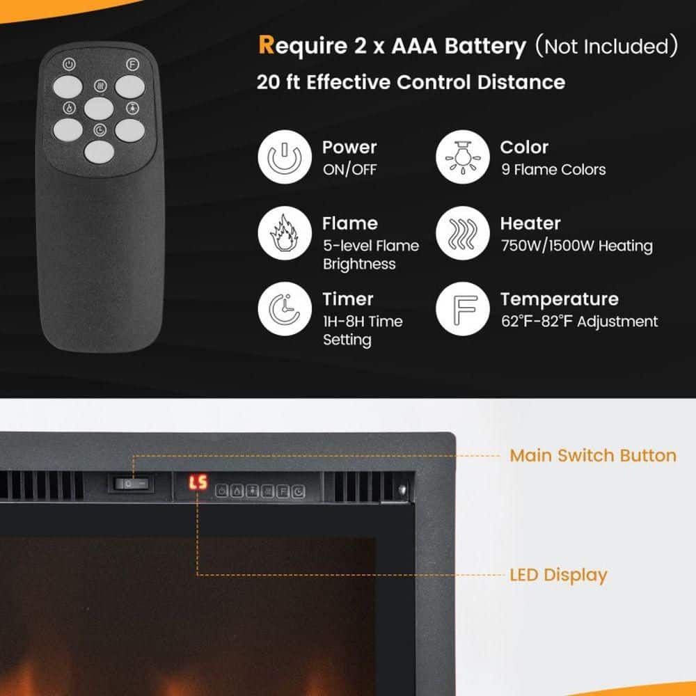 Clihome 50 in. Wall Mounted/Recessed Electric Fireplace Insert with Thermostat, 9 Flame Colors and Remote Control (2)