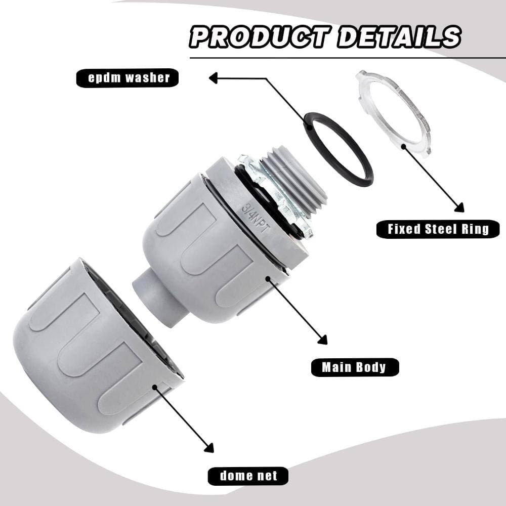 Unbranded 3/4 in PVC Liquid-Tight Conduit Connectors Straight 180 Degree Non-Metallic with Steel Locknut 60 Pack (3)