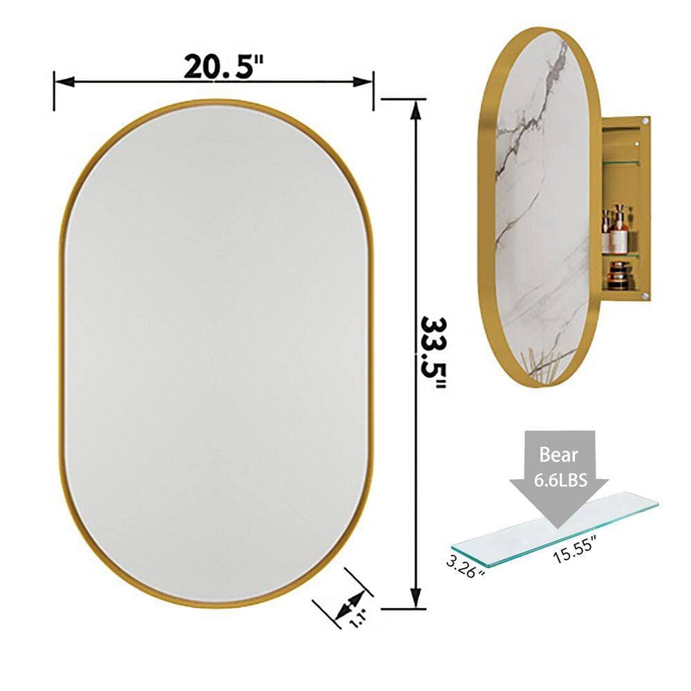 Siavonce 21 in. W x 33 in. D x 5 in. H Oval Built-in Linen Cabinet with Mirror and Adjustable Shelves, Matte Gold (3)