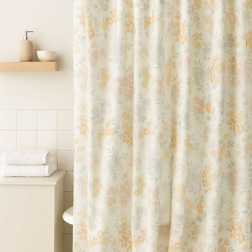 Benjara Loso 72 in. W x 72 in. L Poly Fiber Fabric Shower Curtain in White, Green and Orange (3)