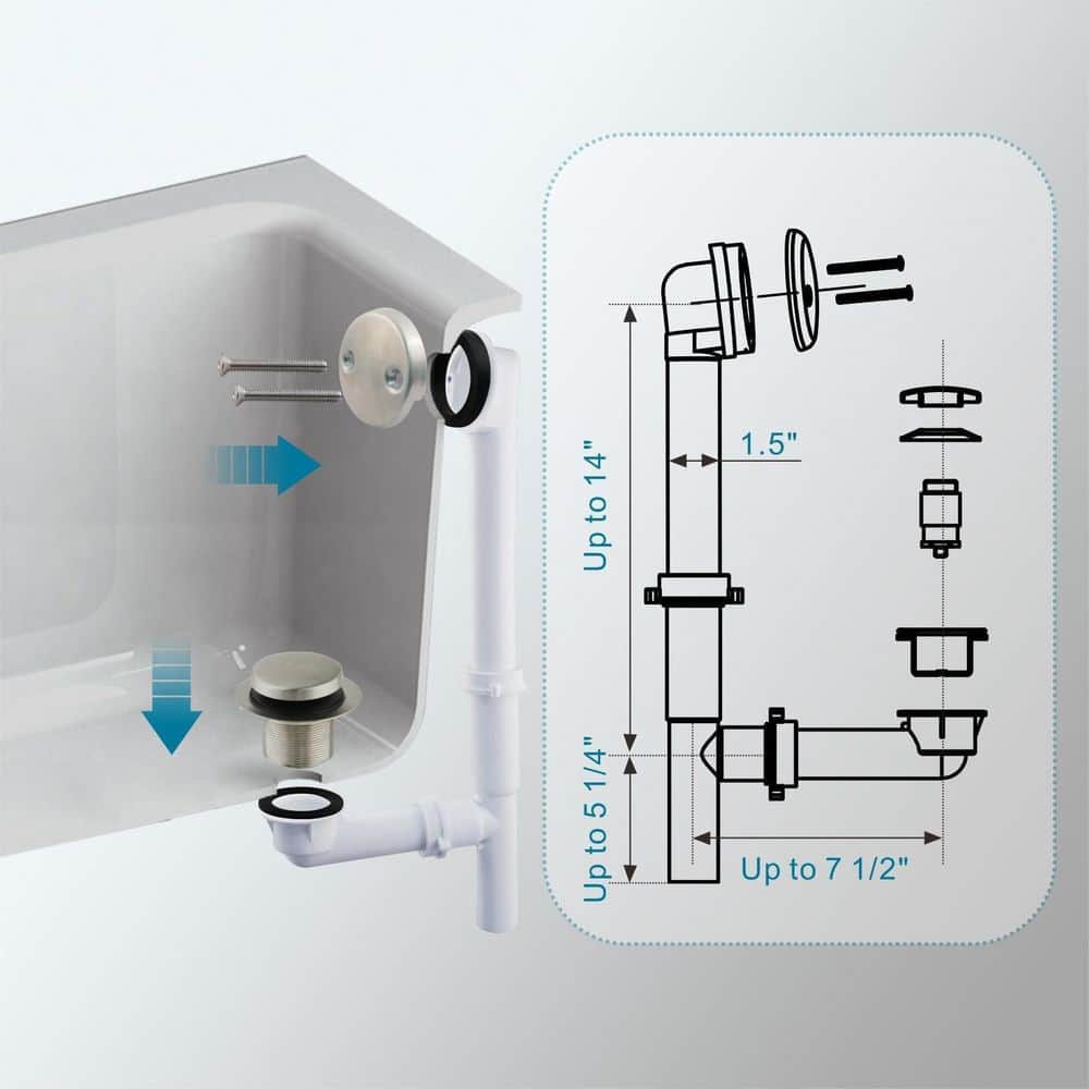 Helhom 1-1/2 in. Tubular Bathtub Drain Kit in Brushed Nickel, Tip Toe Stopper, Waste Overflow Assembly with Face Plate (3)