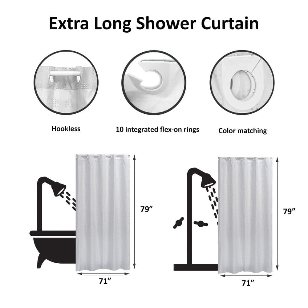 EVIDECO French home goods Hookless Shower Curtain Polyester Cubic- Color Matching Hooks 71 in. L x 79 in. H/ 180 x 200 cm White (3)