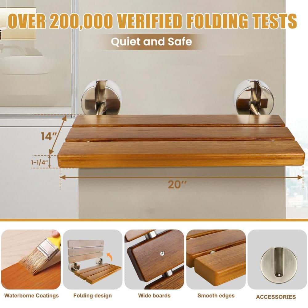 Numhew 20 in. W Wall Mounted Teak Shower Seat, Home Care Folding Down Shower Bench for Inside Shower, Matte and Yellow (3)