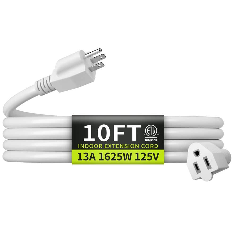 Unbranded 10 ft. 16 Gauge Indoor Extension Cord 13A 125V 1625W Flexible White 3 Prong ETL Listed Cable