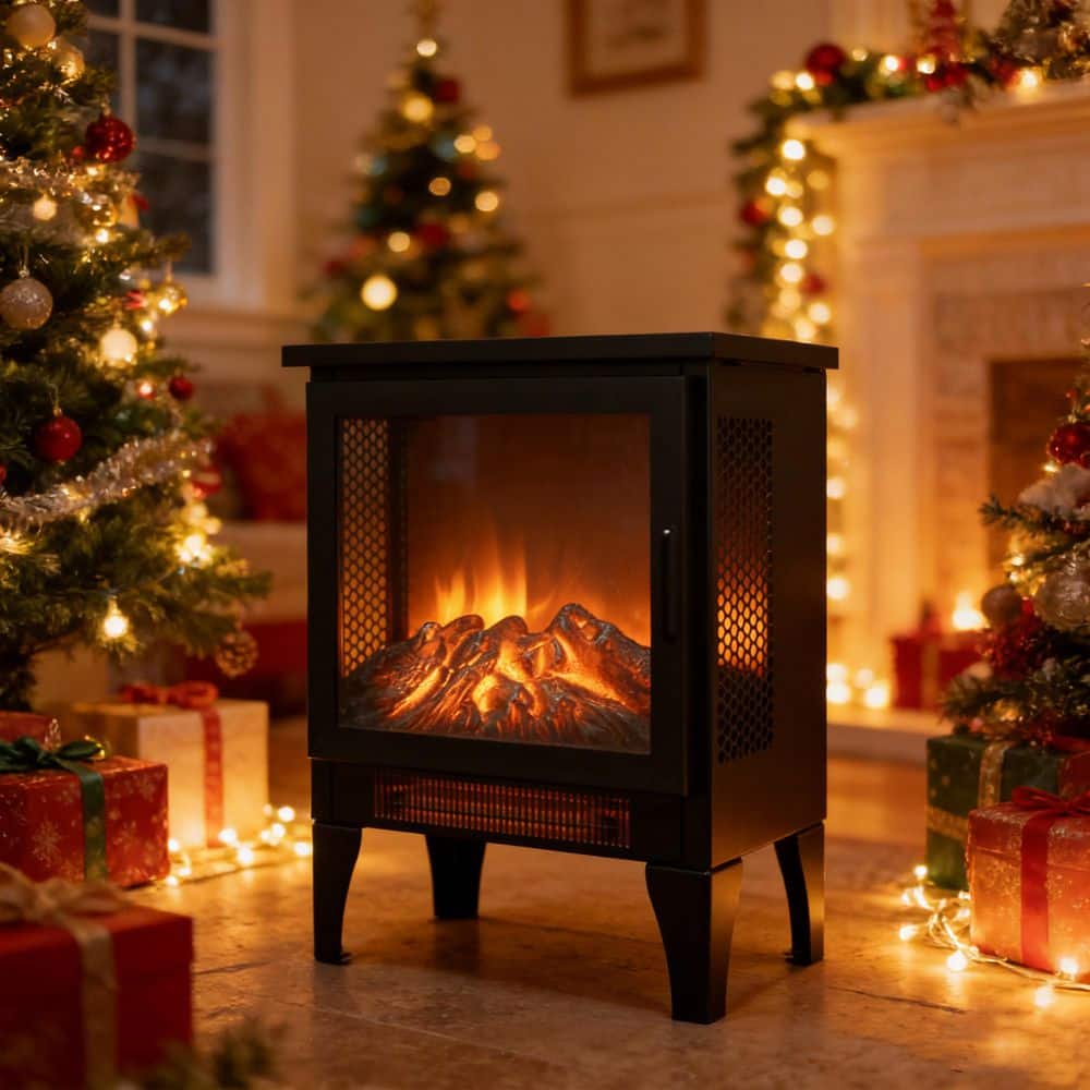 Kadehome 14.2 in. W 400 sq. ft. 3-Sided 3D Flame Electric Stove in Black