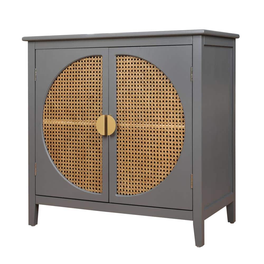 Unbranded 31.5 In. W X 14.96 In. D X 30.91 In. H Light Gray Linen Cabinet with Semicircular Elements, Natural Rattan Weaving (1)