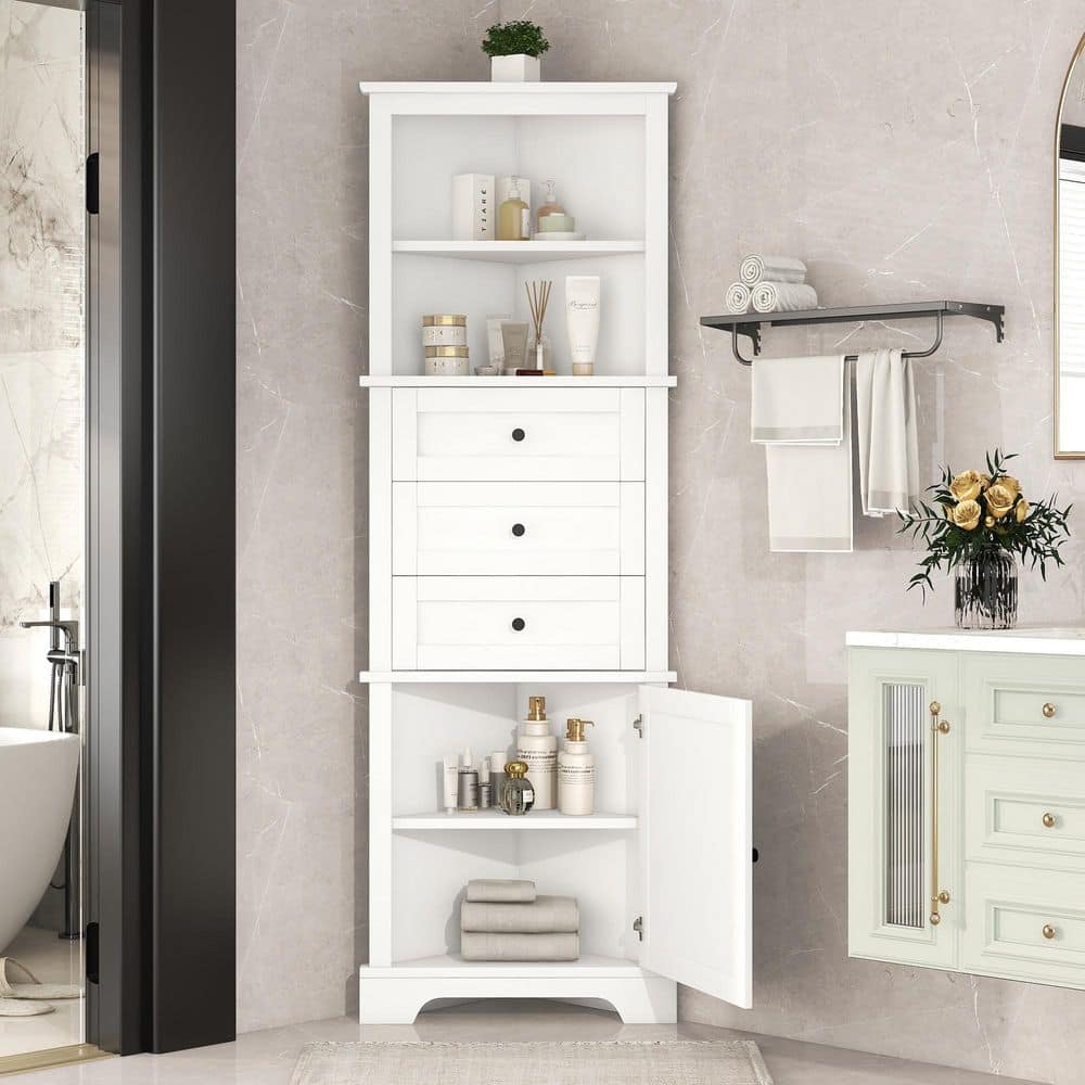 Unbranded 23 in. W 13.4 in. D 68.9 in. H MDF Freestanding Linen Cabinet with Corner, Predrilled, Crown Moulding Edg (2)