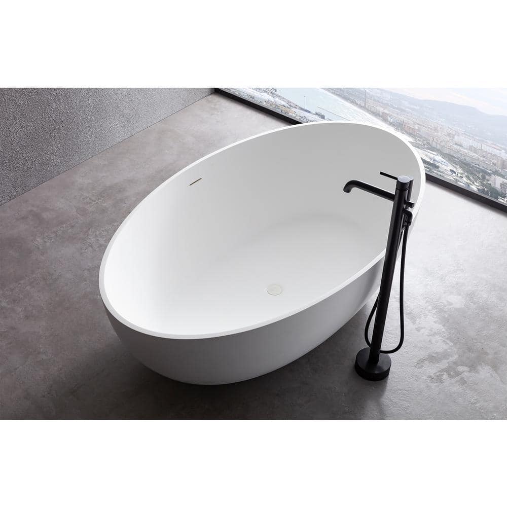 Unbranded 67 in. Stone Resin Flatbottom Solid Surface Freestanding Double Ended Soaking Bathtub in White with Drain (2)