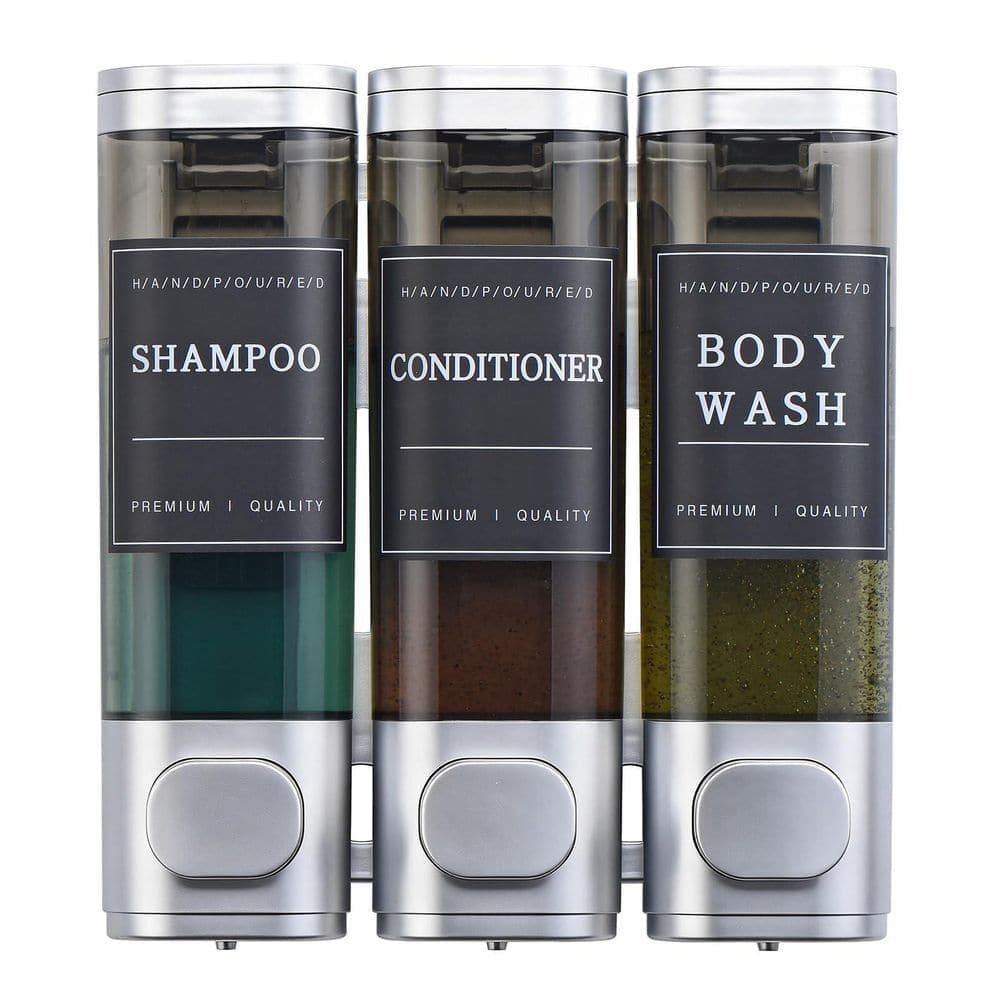 Wudkey 3-Piece Bathroom Accessory Set in Silver, Shampoo and Conditioner Dispenser, 3 Chamber No Drill Wall-Mounted (1)