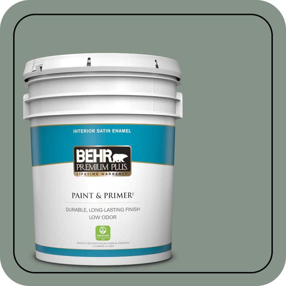 BEHR PREMIUM PLUS 5 gal. #460F-4 Wethersfield Moss Satin Enamel Low Odor Interior Paint & Primer