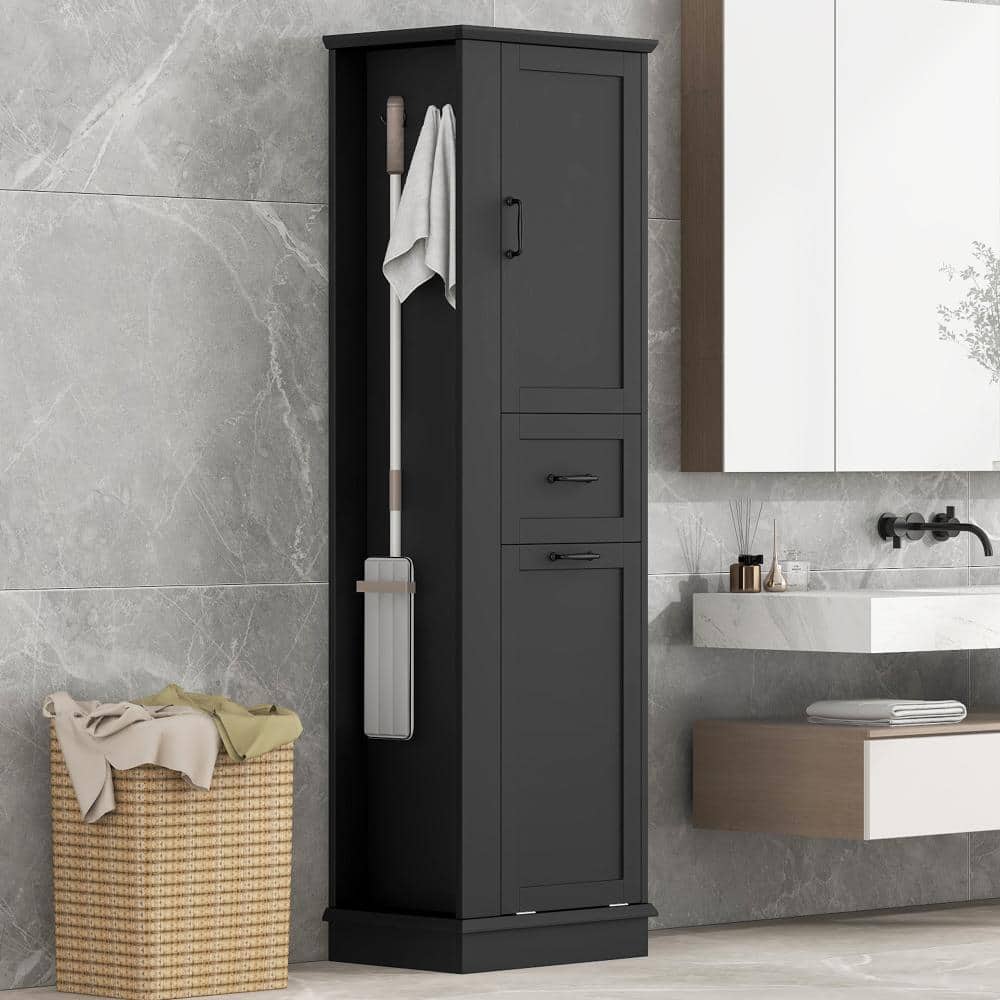 YSQCAR 20.3 in. W x 13.8 in. D x 67.8 in. H Black MDF Freestanding Linen Cabinet with Adjustable Shelf, Tilt-Out Compartment (2)
