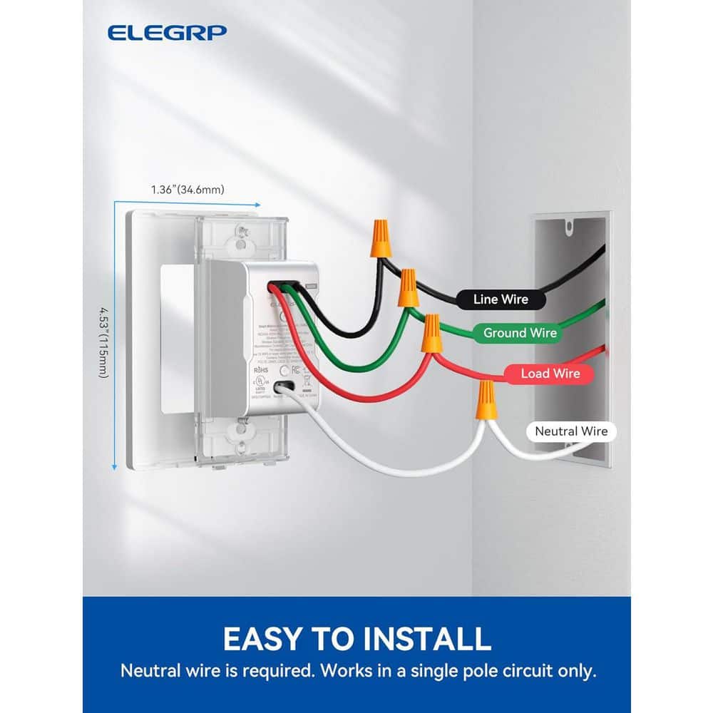 ELEGRP Smart Sensor Light Switch Single Pole, 2. 4GHz Wi-Fi Dimmer Switch Compatible w/Alexa & Google Assistant, White 1PC (3)