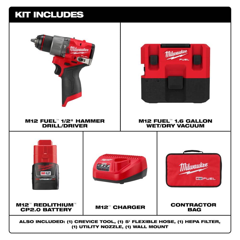 Milwaukee M12 FUEL 12-Volt Li-Ion Brushless Cordless 1/2 in. Hammer Drill w 2.0Ah Battery, Charger & M12 FUEL 1.6 Gal. Wet/Dry Vac (2)
