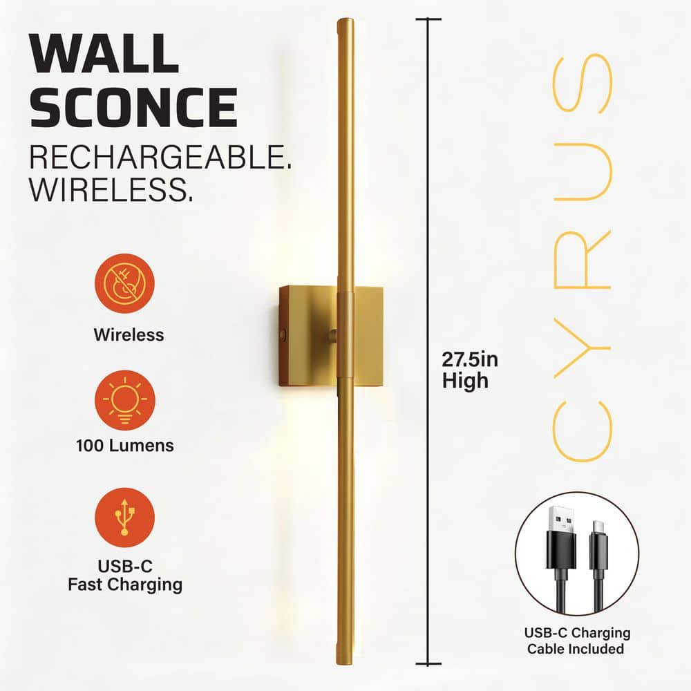 BETTERBEAM Cyrus 27.5 in. Gold LED Rechargeable Wall Sconce (4)