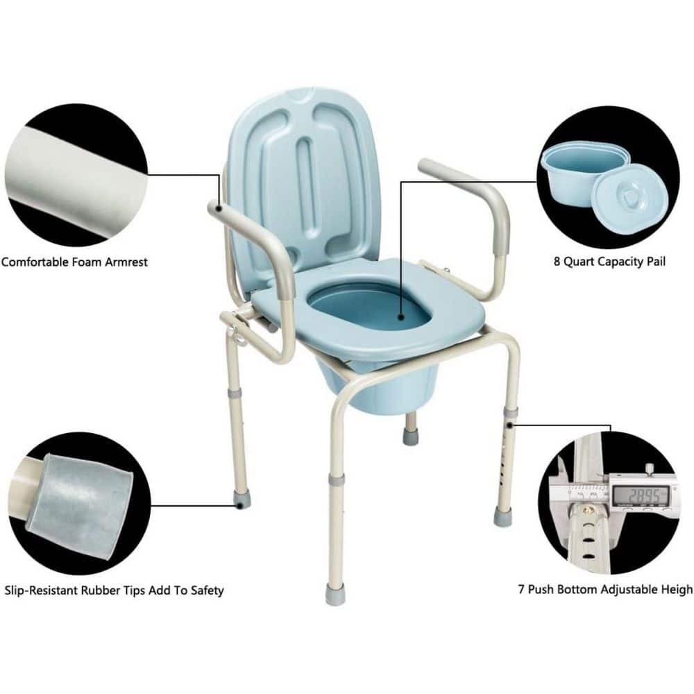 Anqtovp Drop Arm Bedside Commode Chair with Steel Frame, Adjustable Height, 8-Quart Pail, Toilet Seat Tool-Free Assembly (3)