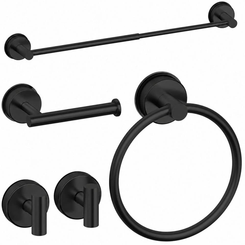KHKFY Matte Black 5-Piece Bathroom Hardware Set with 24 in Towel Bar, Towel Ring, TP Holder and Hooks Quality (1)