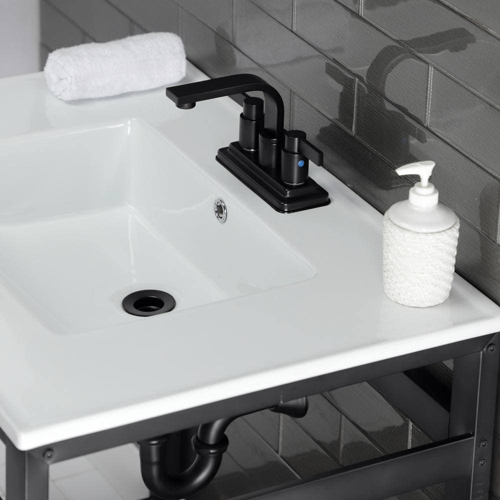 Kingston Brass 31 in. Ceramic Console Sink (4 in. in 3-Hole) with Stainless Steel Base in Matte Black (2)