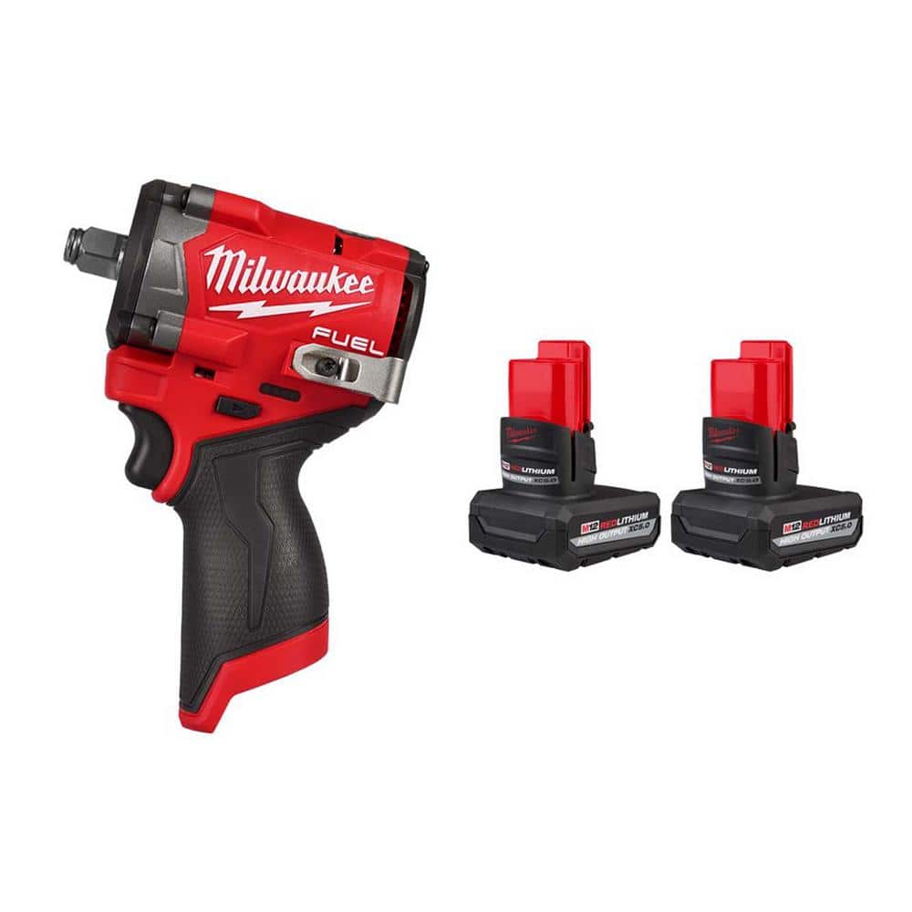 Milwaukee M12 FUEL 12V Lithium-Ion Brushless Cordless Stubby 1/2 in. Impact Wrench with M12 XC High Output 5 Ah Battery (2-Pack) (1)