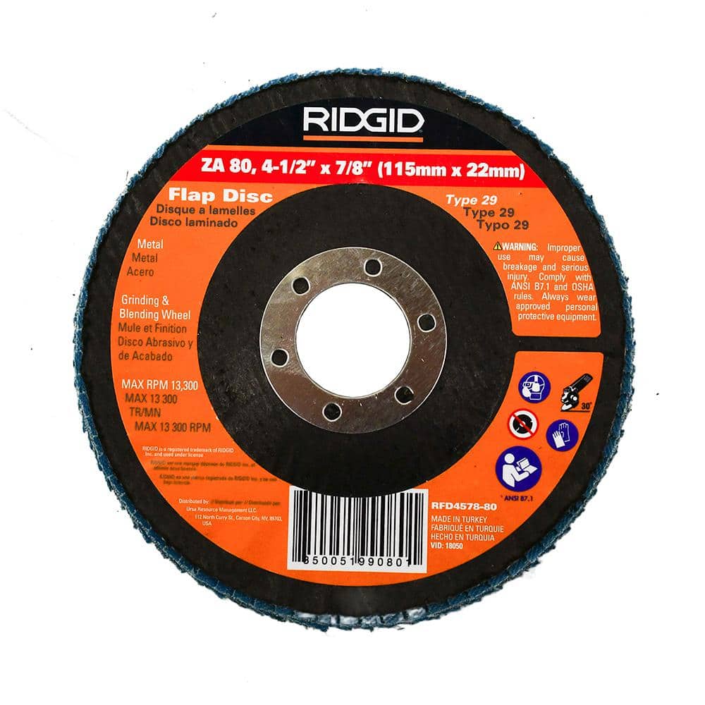 RIDGID 4-1/2 in. x 7/8 in. Flap Discs, 80 Grit Type 29 Blue Zirconia ZA80 for use on Right Angle Grinders