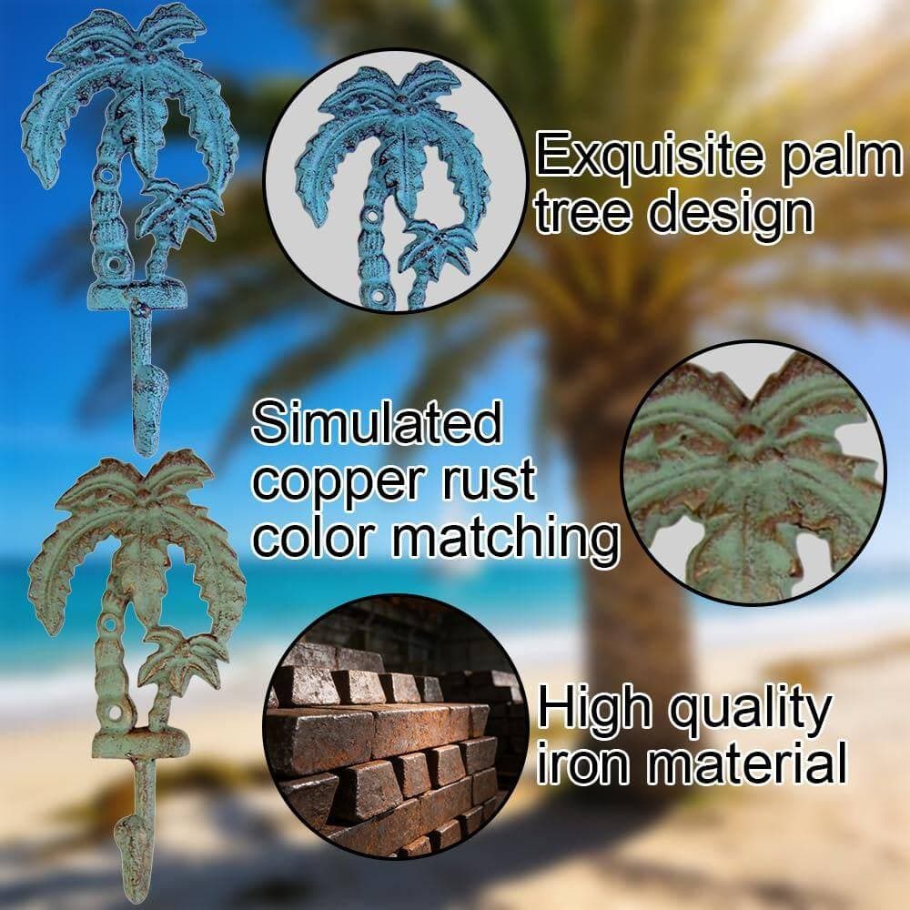 Unbranded Brushed Nickel 2 Pack Green and Blue Cast Iron Palm Tree Decorative Robe Towel Coat Robe Hook Wall Mounted Drill (3)
