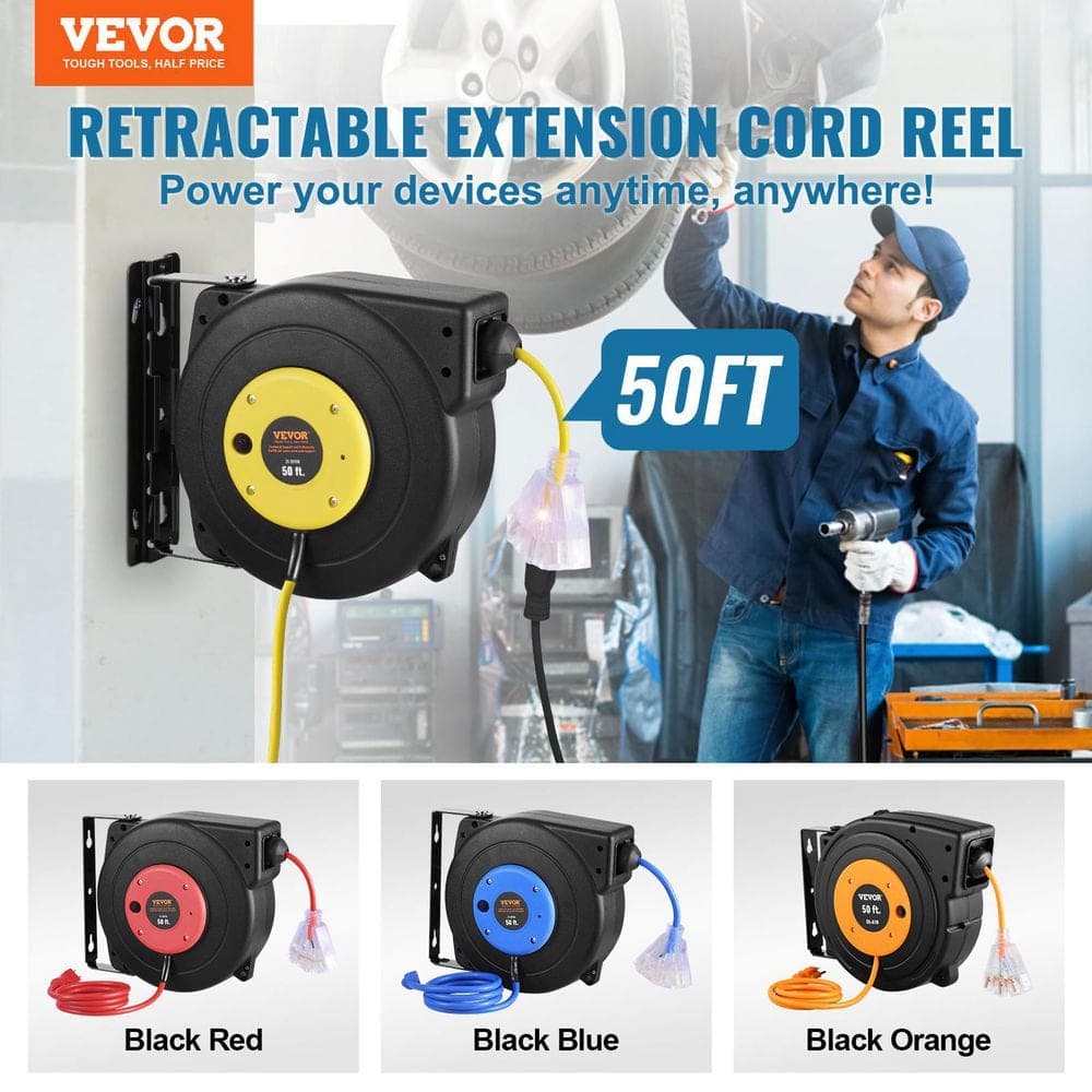 VEVOR 50 ft. 14AWG / 3C 13 Amp Retractable Extension Cord Reel with Lighted Triple Tap Outlet, for Ceiling or Wall Mount (2)